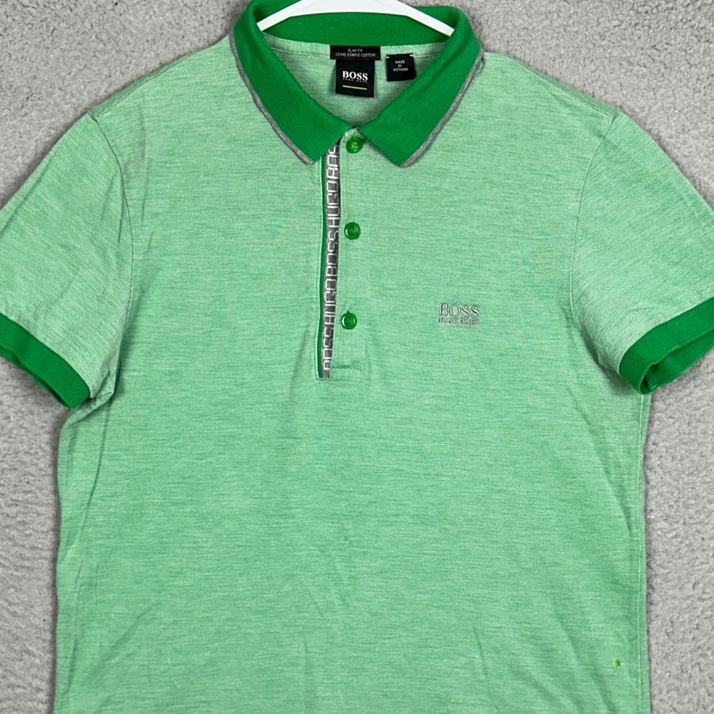 BOSS Hugo Boss Polo Shirt Men Medium Slim Fit Green Logo Taped Placket Rugby EUC